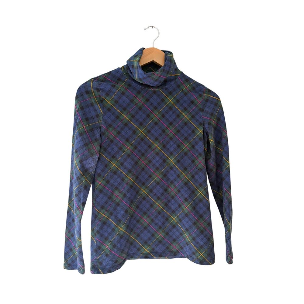 Talbots Plaid Mock Neck Top Small Navy Green Tartan Cotton Stretch Preppy